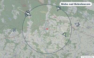 Mapa okolic miasta z sylwetkami samolotów — Niebo nad Bolesławcem na żywo