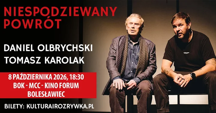 Grafika promocyjna wydarzenia „Niespodziewany powrót” w Bolesławcu. Daniel Olbrychski i Tomasz Karolak w komediodramacie na żywo