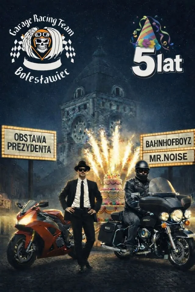 Grafika promocyjna wydarzenia 5 lat Garage Racing Team Bolesławiec – jubileusz i koncerty w Bolesławcu