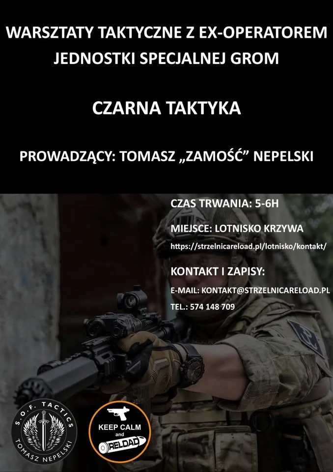 Grafika promocyjna wydarzenia CZARNA TAKTYKA/CQB – warsztaty z ex-operatorem Jednostki GROM w Bolesławcu