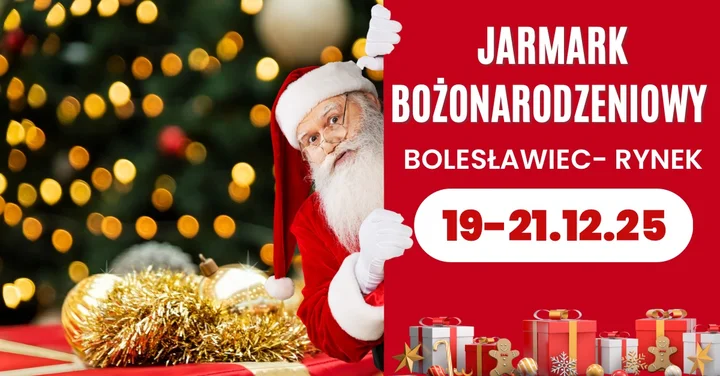 Grafika promocyjna wydarzenia Jarmark Bożonarodzeniowy w Bolesławcu — świąteczne stoiska i rodzinne atrakcje