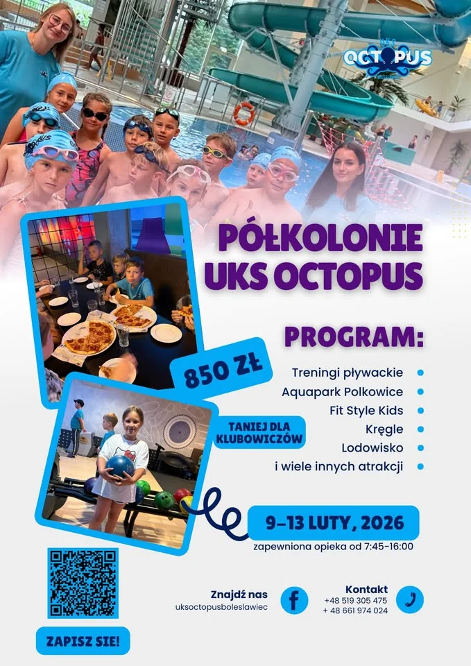 Grafika promocyjna wydarzenia Półkolonia z UKS Octopus Bolesławiec — zimowa półkolonia pływacka 9–13 lutego 2026