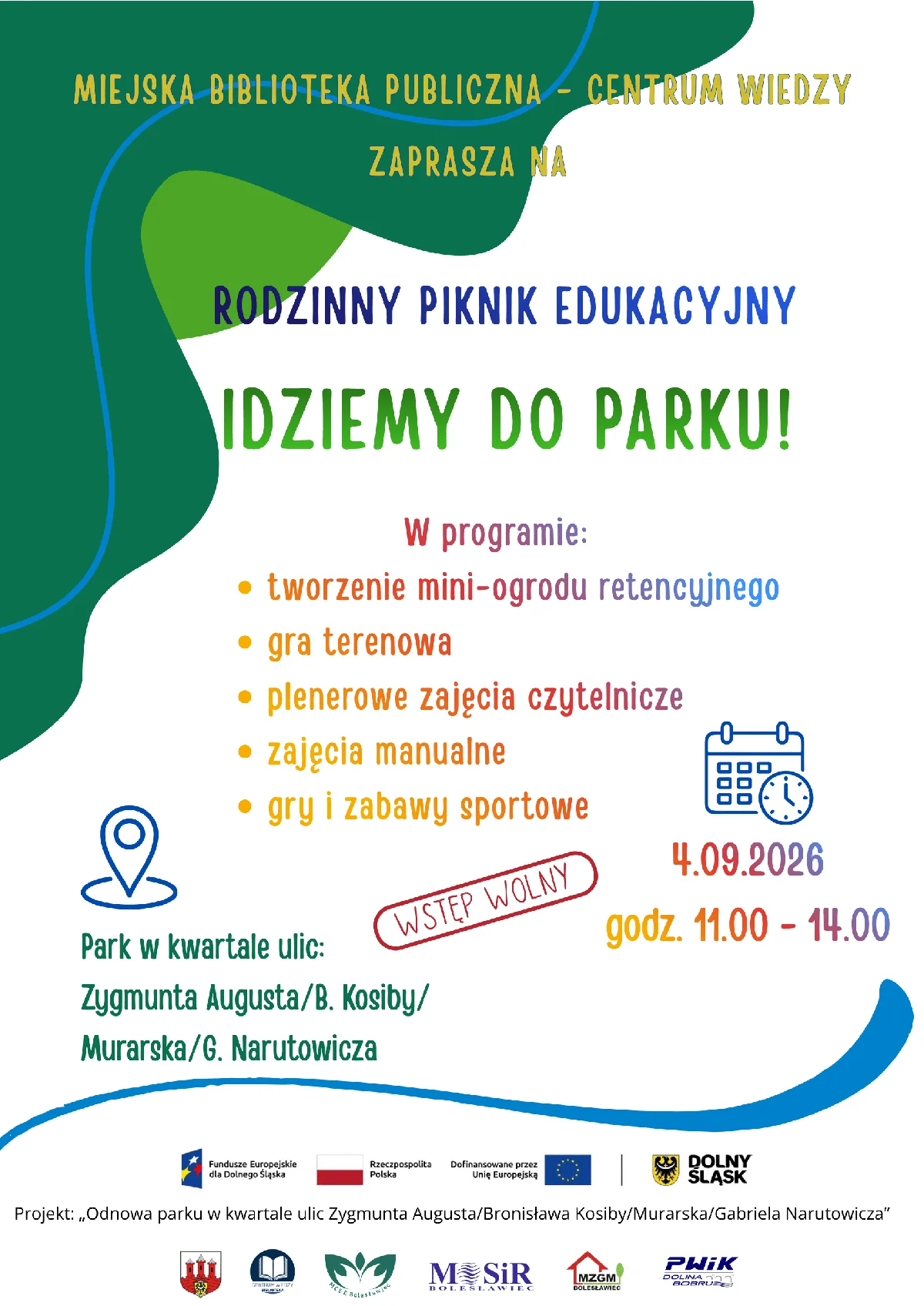 Grafika promocyjna wydarzenia Rodzinny piknik edukacyjny „Idziemy do parku”