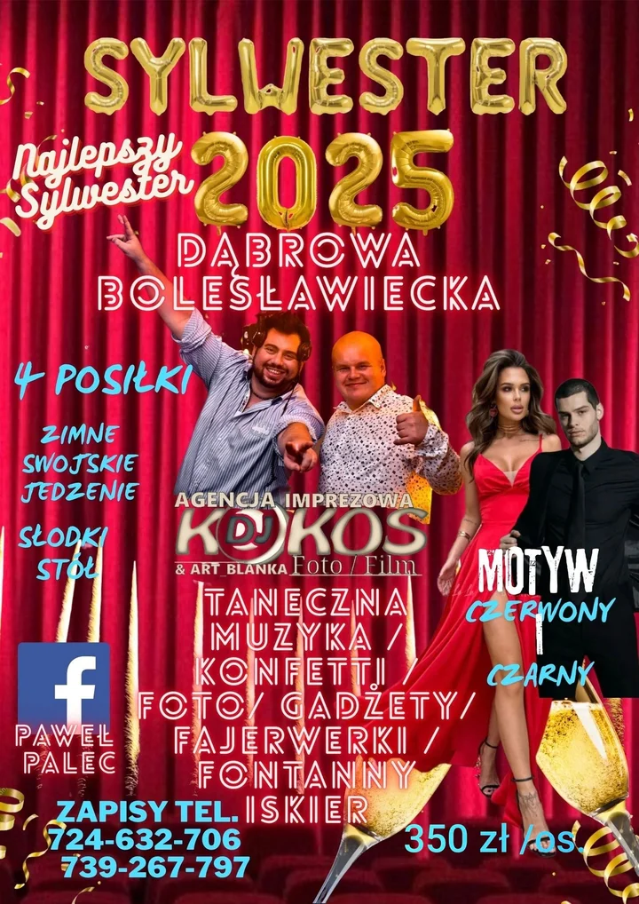 Grafika promocyjna wydarzenia Sylwester 2025 w Dąbrowie Bolesławieckiej — Agencja Imprezowa Kokos