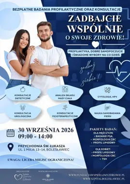 Grafika promocyjna wydarzenia Bezpłatne badania profilaktyczne i konsultacje w Bolesławcu