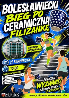 Grafika promocyjna wydarzenia Bolesławiecki Bieg po Schodach – Bieg po Ceramiczną Filiżankę