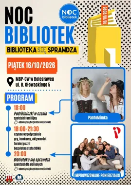 Grafika promocyjna wydarzenia Noc Bibliotek – Biblioteka (się) sprawdza