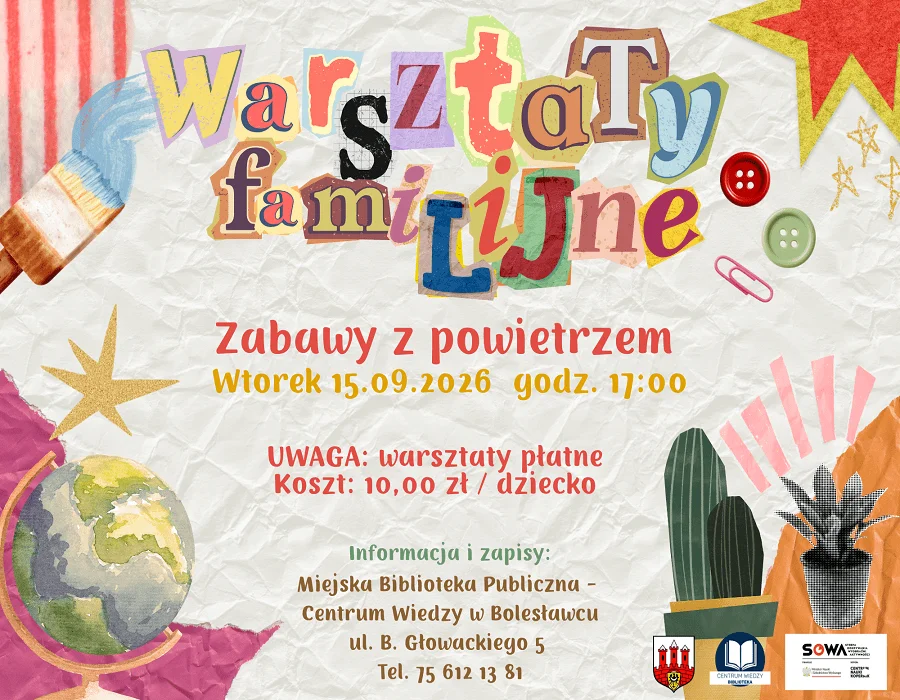 Grafika promocyjna wydarzenia Warsztaty Familijne – Zabawy z powietrzem