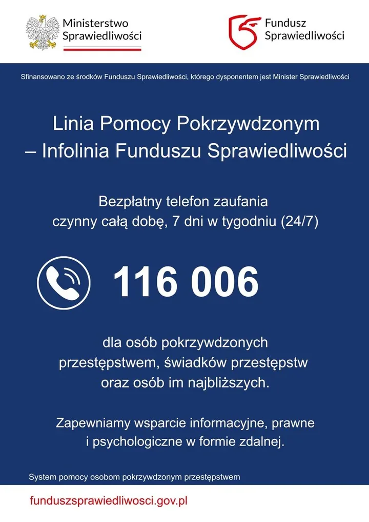 116 006 - bezpłatna pomoc dla pokrzywdzonych działa całą dobę
