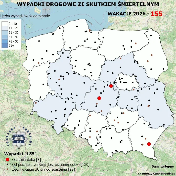 Policja pokazuje wakacyjną mapę tragedii. W kraju odnotowano 155 wypadków