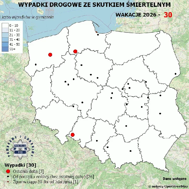 Pierwszy tydzień wakacji przyniósł już 30 śmiertelnych wypadków na drogach